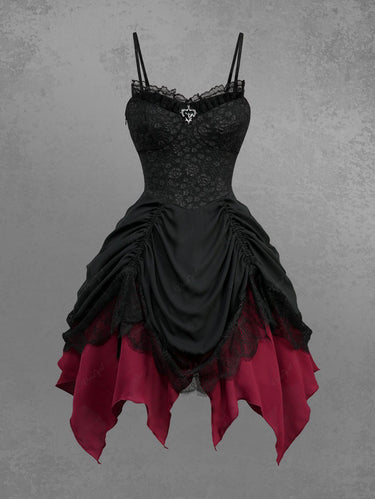 Gothic Rose Flower Jacquard Cinched Eyelash Lace Trim Asymmetric Dress