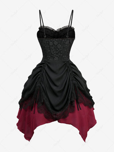 Gothic Rose Flower Jacquard Cinched Eyelash Lace Trim Asymmetric Dress