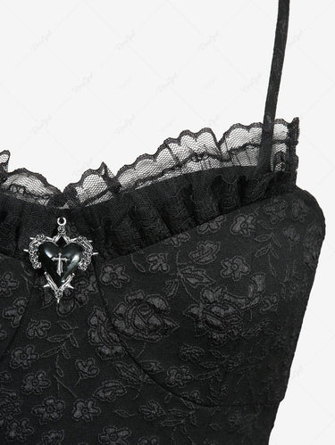 Gothic Rose Flower Jacquard Cinched Eyelash Lace Trim Asymmetric Dress