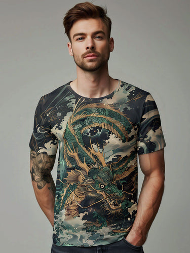 Gothic Plus Size Dragon Sea Waves Print T-shirt For Men
