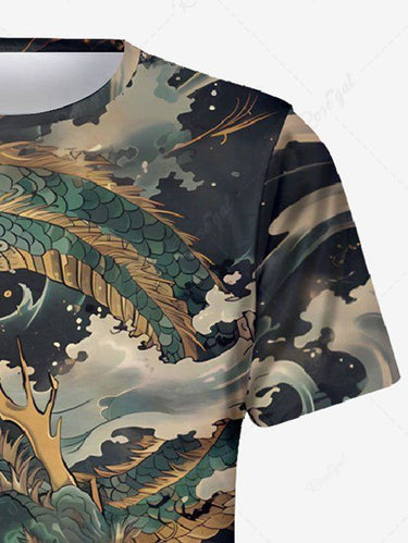 Gothic Plus Size Dragon Sea Waves Print T-shirt For Men