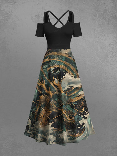 Gothic Plus Size Dragon Sea Waves Print Cold Shoulder Crisscross Strappy A Line Maxi Dress