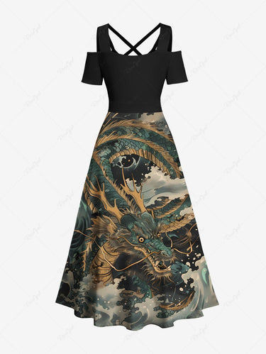 Gothic Plus Size Dragon Sea Waves Print Cold Shoulder Crisscross Strappy A Line Maxi Dress