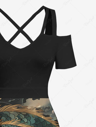 Gothic Plus Size Dragon Sea Waves Print Cold Shoulder Crisscross Strappy A Line Maxi Dress