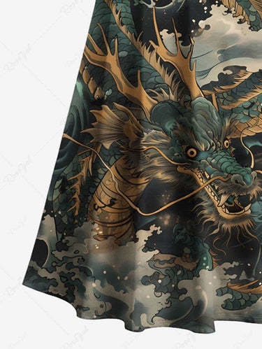 Gothic Plus Size Dragon Sea Waves Print Cold Shoulder Crisscross Strappy A Line Maxi Dress