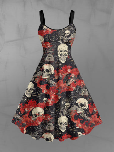 Gothic Plus Size Skull Sea Waves Print A Line Dress