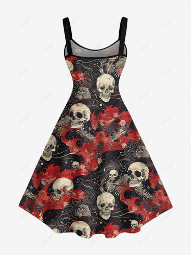 Gothic Plus Size Skull Sea Waves Print A Line Dress