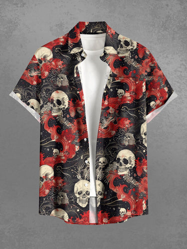 Gothic Plus Size Skull Sea Waves Print Button Pocket Shirt For Men