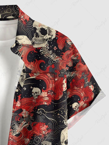 Gothic Plus Size Skull Sea Waves Print Button Pocket Shirt For Men