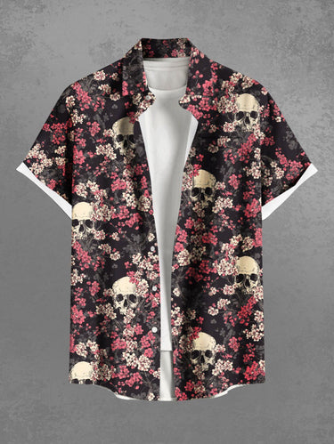 Gothic Plus Size Skull Flower Print Button Pocket Shirt For Men
