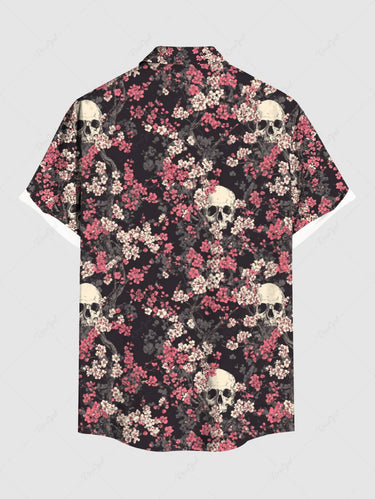 Gothic Plus Size Skull Flower Print Button Pocket Shirt For Men