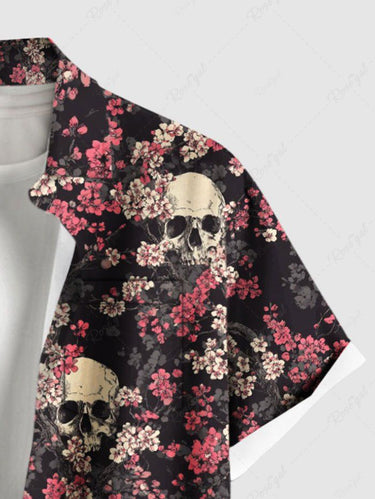 Gothic Plus Size Skull Flower Print Button Pocket Shirt For Men
