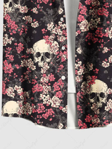 Gothic Plus Size Skull Flower Print Button Pocket Shirt For Men