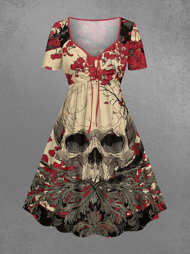 Gothic Plus Size Skull Flower Branch Moon Print Cinched A Line Dress