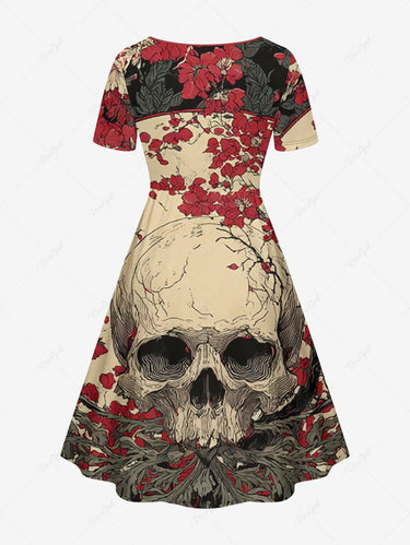 Gothic Plus Size Skull Flower Branch Moon Print Cinched A Line Dress
