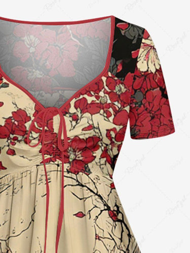 Gothic Plus Size Skull Flower Branch Moon Print Cinched A Line Dress