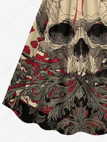 Gothic Plus Size Skull Flower Branch Moon Print Cinched A Line Dress