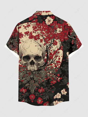 Gothic Plus Size Skull Flower Branch Moon Print Button Pocket Shirt For Men