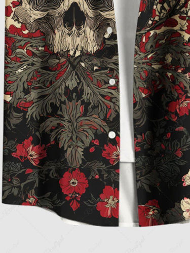 Gothic Plus Size Skull Flower Branch Moon Print Button Pocket Shirt For Men