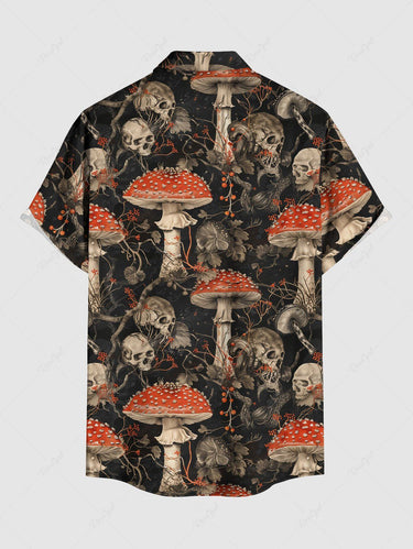 Gothic Plus Size Skull Mushroom Leaf Print Button Pocket Shirt For Men