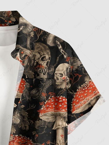 Gothic Plus Size Skull Mushroom Leaf Print Button Pocket Shirt For Men