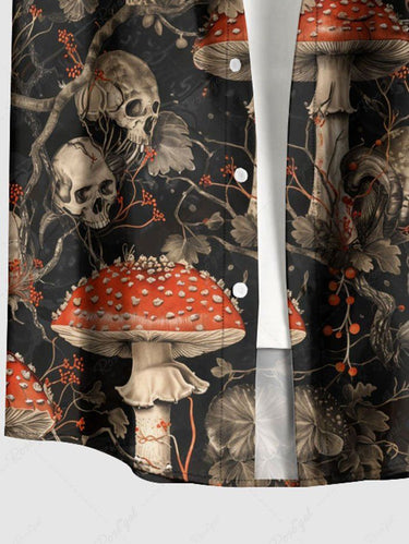 Gothic Plus Size Skull Mushroom Leaf Print Button Pocket Shirt For Men