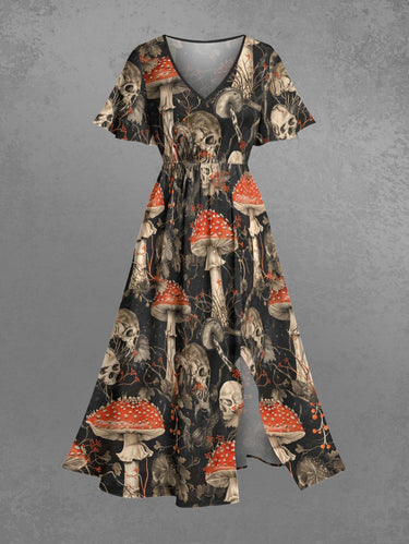 Gothic Plus Size Skull Mushroom Leaf Print Split Pocket A Line Midi Dress