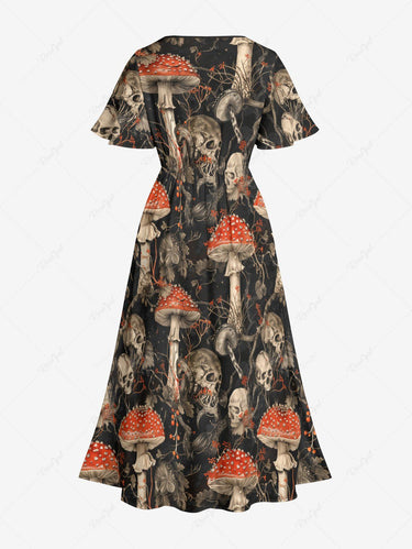 Gothic Plus Size Skull Mushroom Leaf Print Split Pocket A Line Midi Dress