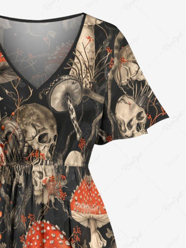 Gothic Plus Size Skull Mushroom Leaf Print Split Pocket A Line Midi Dress