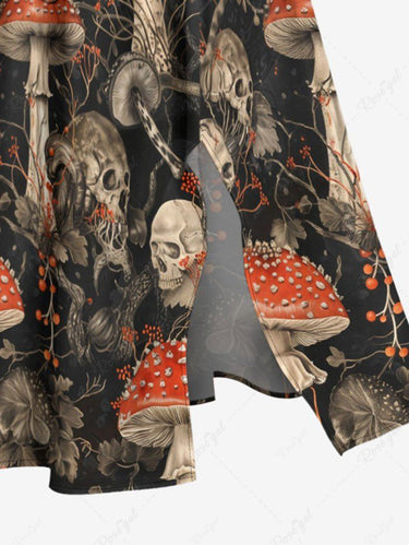 Gothic Plus Size Skull Mushroom Leaf Print Split Pocket A Line Midi Dress