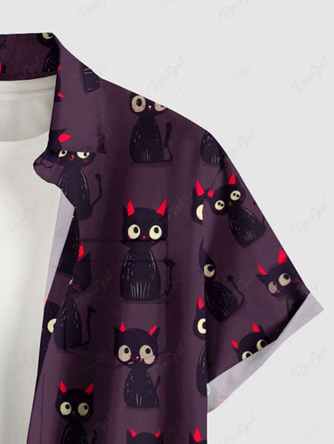 Gothic Plus Size Cute Cat Print Button Pocket Shirt For Men
