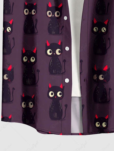 Gothic Plus Size Cute Cat Print Button Pocket Shirt For Men