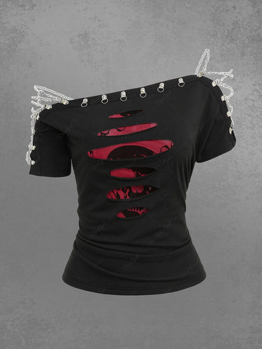 Gothic Skull Flocking Bandeau and Chain Lace Up Braided Skew Neck Ripped Top Two Piece Set