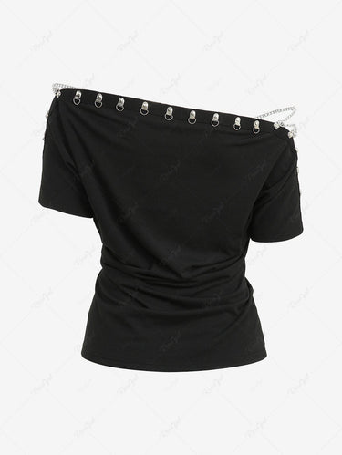 Gothic Skull Flocking Bandeau and Chain Lace Up Braided Skew Neck Ripped Top Two Piece Set