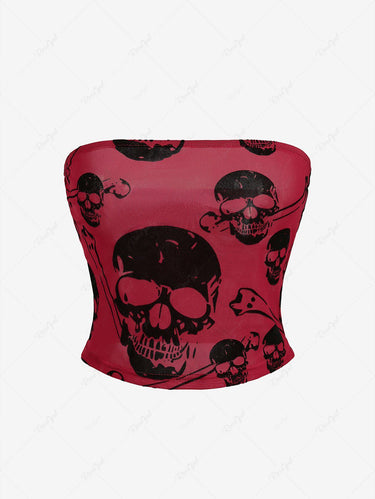 Gothic Skull Flocking Bandeau and Chain Lace Up Braided Skew Neck Ripped Top Two Piece Set
