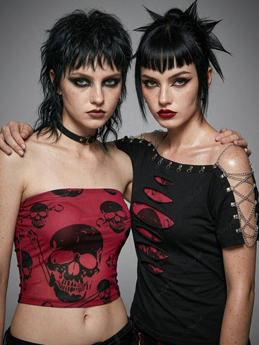 Gothic Skull Flocking Bandeau and Chain Lace Up Braided Skew Neck Ripped Top Two Piece Set
