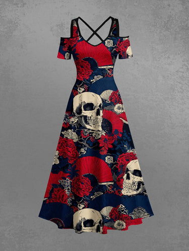 Gothic Plus Size Skull Flower Fan Print Cold Shoulder Crisscross A Line Maxi Dress