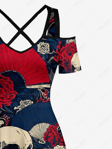 Gothic Plus Size Skull Flower Fan Print Cold Shoulder Crisscross A Line Maxi Dress