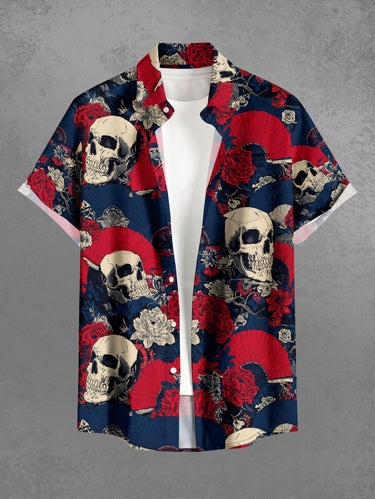 Gothic Plus Size Skull Flower Fan Print Button Pocket Shirt For Men