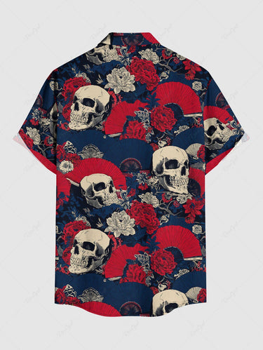 Gothic Plus Size Skull Flower Fan Print Button Pocket Shirt For Men