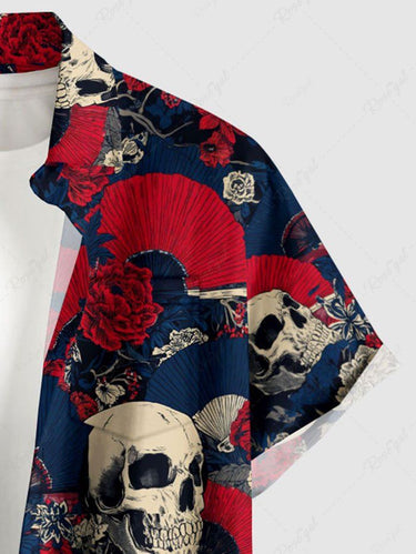 Gothic Plus Size Skull Flower Fan Print Button Pocket Shirt For Men