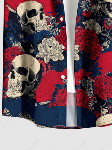 Gothic Plus Size Skull Flower Fan Print Button Pocket Shirt For Men