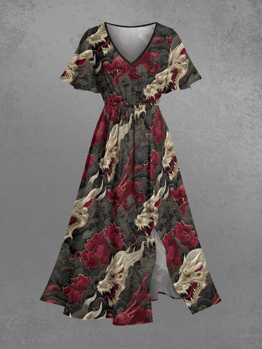 Gothic Plus Size Dragon Flower Sea Waves Print Split Pocket A Line Midi Dress