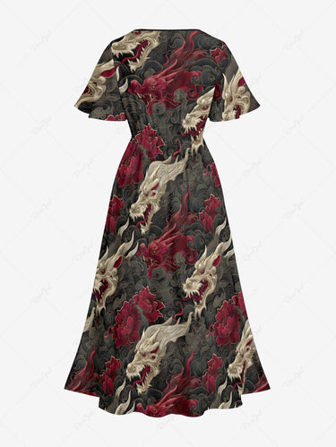 Gothic Plus Size Dragon Flower Sea Waves Print Split Pocket A Line Midi Dress