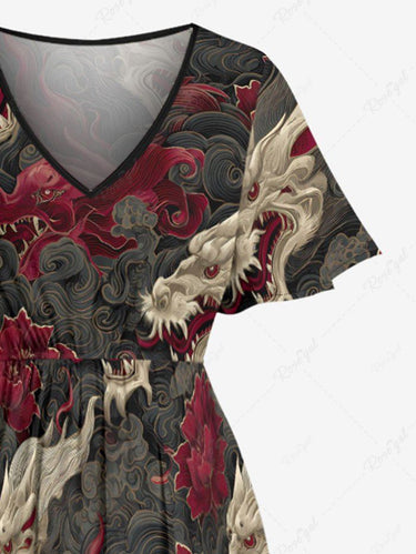 Gothic Plus Size Dragon Flower Sea Waves Print Split Pocket A Line Midi Dress