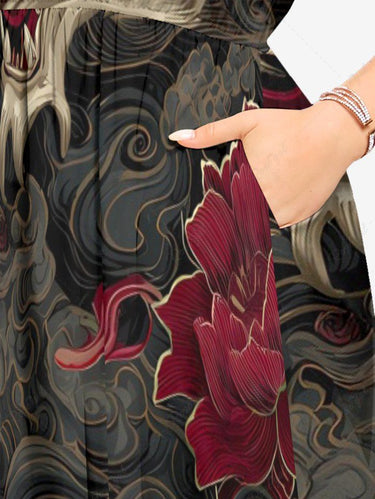 Gothic Plus Size Dragon Flower Sea Waves Print Split Pocket A Line Midi Dress