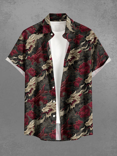 Gothic Plus Size Dragon Flower Sea Waves Print Button Pocket Shirt For Men