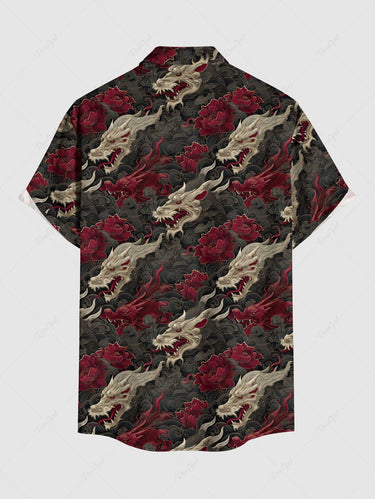 Gothic Plus Size Dragon Flower Sea Waves Print Button Pocket Shirt For Men
