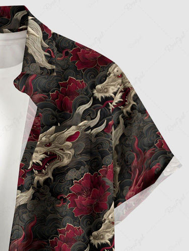Gothic Plus Size Dragon Flower Sea Waves Print Button Pocket Shirt For Men