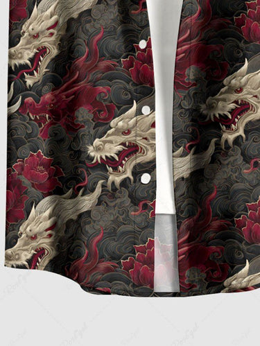 Gothic Plus Size Dragon Flower Sea Waves Print Button Pocket Shirt For Men